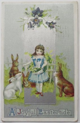 Antique Victorian Eastertide Greeting Card, Girl & Rabbits, Mailed 1910