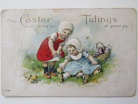 Antique Victorian Easter Tidings Card, Girls & Baby Chicks, Mailed 1923