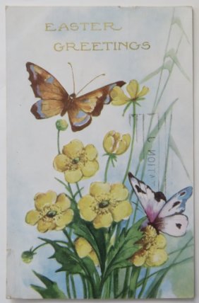 Antique Victorian Easter Greetings Card, Butterflies & Flowers, Mailed 1944