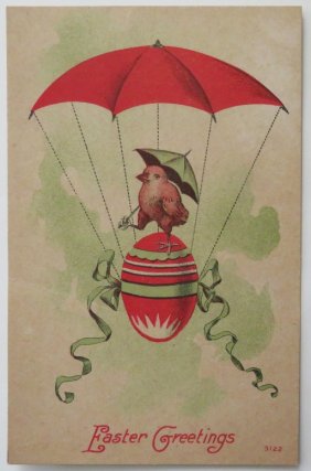 Antique 1910s Easter Card, Baby Chick with Parachute, Umbrella & Easter Egg