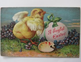 Antique Joyful Easter Card, Baby Chick, Egg, Violet Flowers, Mailed 1909