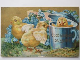 Antique Easter Card, Baby Chicks, Forget-Me-Not Flowers, Mailed 1913