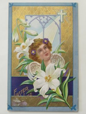 Antique Easter Joy Card, Angel & White Lily Flowers, Mailed 1915