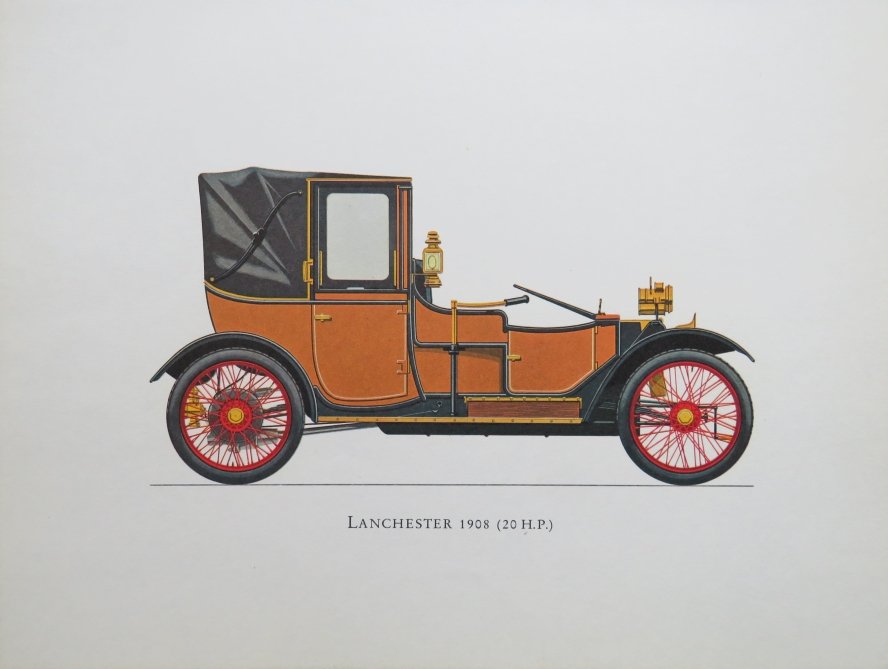 Hans Muth, Lanchester 1908, Automobile, Original Lithograph 1968: "Lanchester 1908 (20 H.P.)", artwork by the German artist Hans Muth, original lithograph published by Ariel Press, New York, 1968, Printed in Germany. The litho is unframed. The plate is 9.1/2" x 7" [