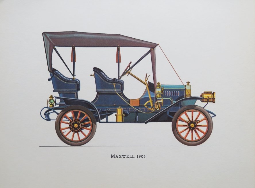 Hans Muth, Maxwell 1905, Automobile, Original Lithograph 1968: "Maxwell 1905", artwork by the German artist Hans Muth, original lithograph published by Ariel Press, New York, 1968, Printed in Germany. The litho is unframed. The plate is 9.1/2" x 7" [24.2cm x 17.8