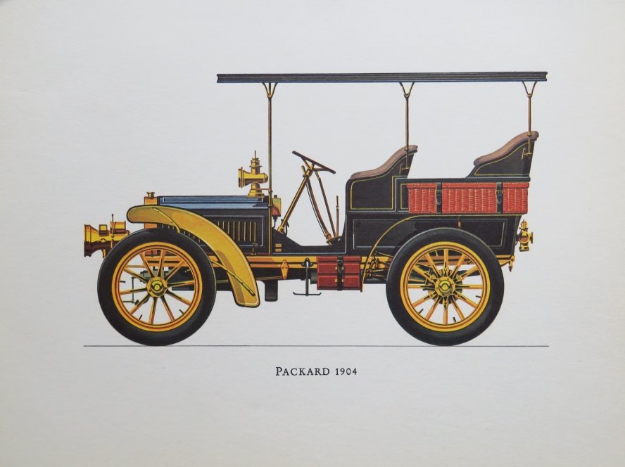 Hans Muth, Packard 1904, Automobile, Original Lithograph 1968: "Packard 1904", artwork by the German artist Hans Muth, original lithograph published by Ariel Press, New York, 1968, Printed in Germany. The litho is unframed. The plate is 9.1/2" x 7" [24.2cm x 17.8
