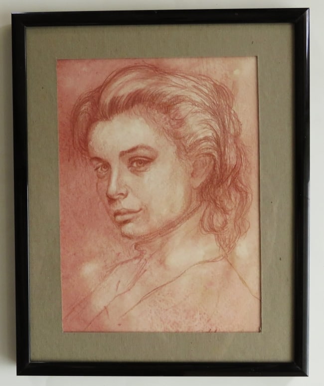 Portrait of a Woman, Original Sepia Drawing on Paper, 1970s, Framed (1 of 8)