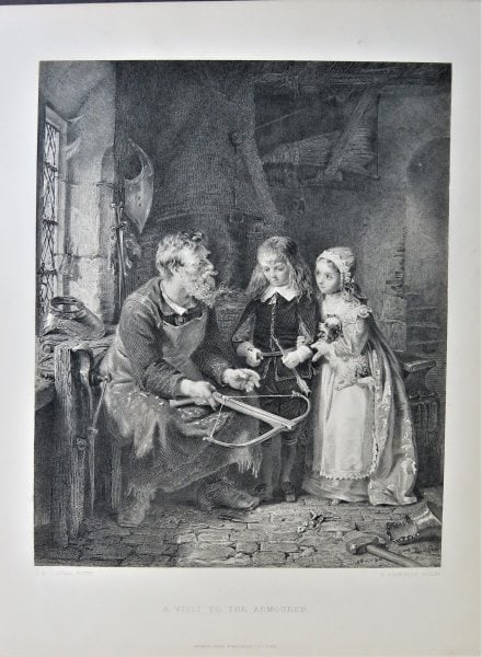 O'Neill, Visit to the Armourer, 1871 Steel Engraving by Lightfoot, Hess 1880s: "A Visit to the Armourer" after the painting by George Bernard O'Neill; original 1880s steel engraving by Peter Lightfoot, the names of artists closely below the image, "G.B.O'Neill, Pinxt. / P. Light