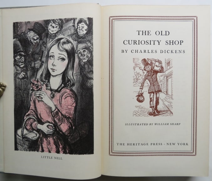 Dickens, Old Curiosity Shop, William Sharp illustrations, 1941 Heritage Press: "The Old Curiosity Shop" by Charles Dickens, illustrations by William Sharp, published by Heritage Press, New York, 1941. First Edition for Sharp's illustrations. Hard boards, original gray cloth with