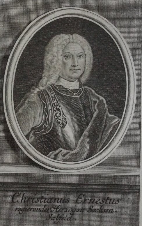 Duke Christian Ernst II, Saxe-Coburg 1730s Engraving by Bernigeroth: "Christian Ernst II, Duke of Saxe-Coburg - Saalfeld", (reign 1729-1745), copper engraving, by Johann Martin Bernigeroth, inscription, "Christianus Ernestus regirender Herzog zu Sachsen - Saalfeld." An