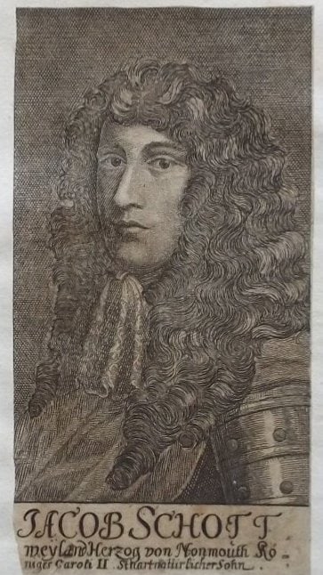 James Scott, Duke of Monmouth, Wood Engraving 1685: "James Scott, Duke of Monmouth" [1649-1685], wood engraving, c. 1685, German inscription "Jacob Schott meyland Herzog von Monmouth Koniges Caroli II. Stuart naturlicher Sohn. Original antique c.1685'