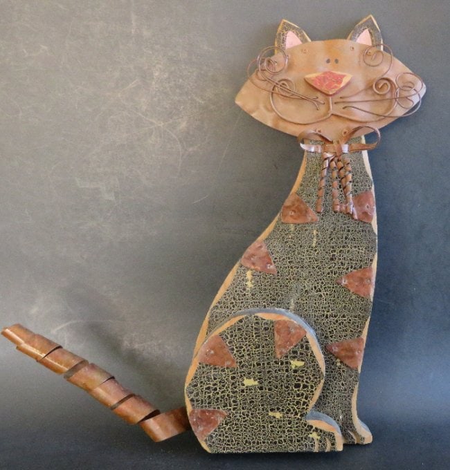 Large Cat Wall Sculpture Wood, Copper Folk Art 1980s (1 of 5)