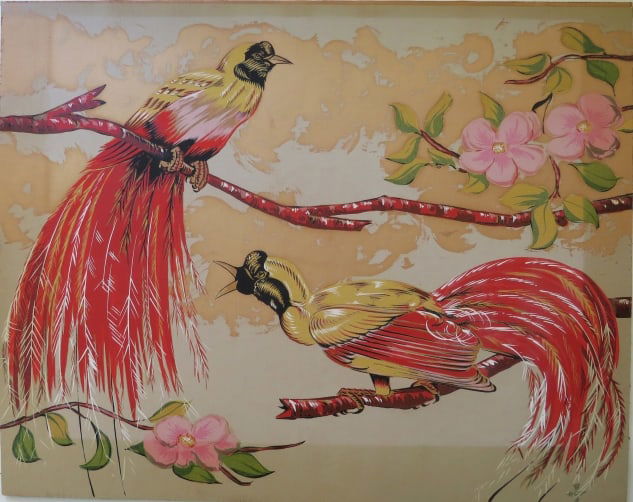 Large Antique Woodblock Print 2 Pheasants on Branches, Birds, Pink Flowers (1 of 11)
