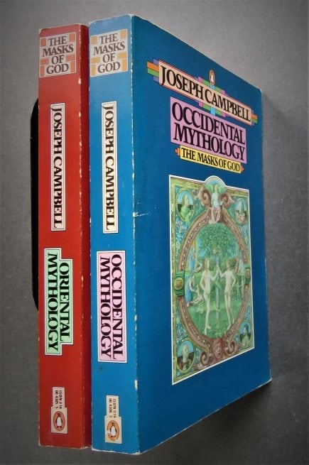 Campbell, Masks of God, Oriental & Occidental Mythology, 2vol. 1976: "The Masks of God: Oriental Mythology and Occidental Mythology", by Joseph Campbell, published by Penguin Books, 1976. Soft covers [a little wear]; 5" x 7.3/4"; 561 + 564 pages including indexes, very