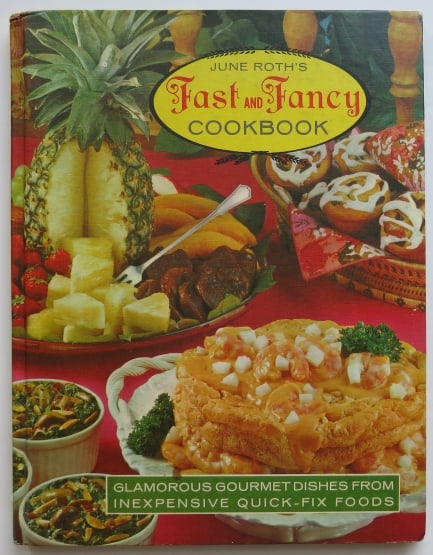 June Roth's Fast & Fancy Cookbook, 1969, Gourmet Dishes From Inexpensive Foods: "June Roth's Fast And Fancy Cookbook: Glamorous Gourmet Dishes From Inexpensive Quick-Fix Foods", published by Fawcett Publications, New York, 1969. Hard boards, large: 8.1/2" x 11.1/4"; red / pink de