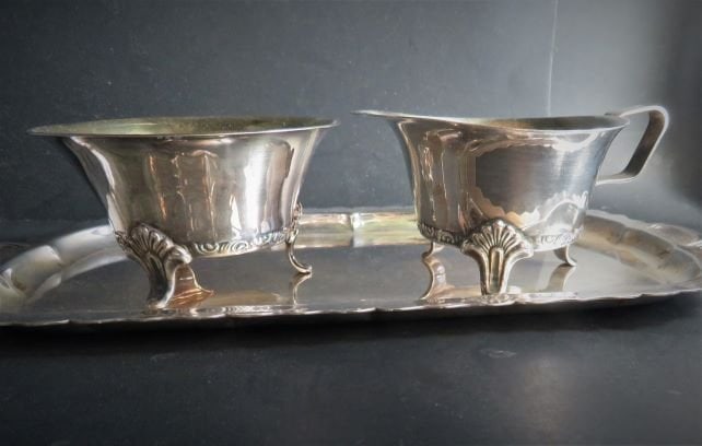 Set of 3, Nils Johan, Sweden 1950s Silver Plate Creamer, Suger Bowl, Tray (1 of 13)