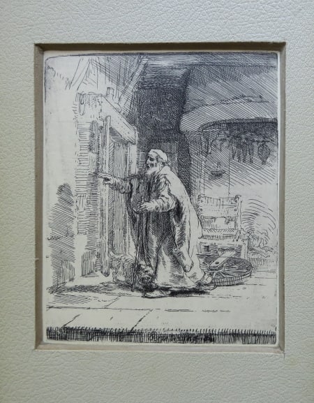 Rembrandt, The Blindness of Tobit, 1651, German Facsimile 1920s: "The Blindness of Tobit” (the larger plate), by Rembrandt, etching, 1651, facsimile reproduction print in original size, Germany, late 1920s-early 1930s, matted. Facsimile of the Rembrandt's etc