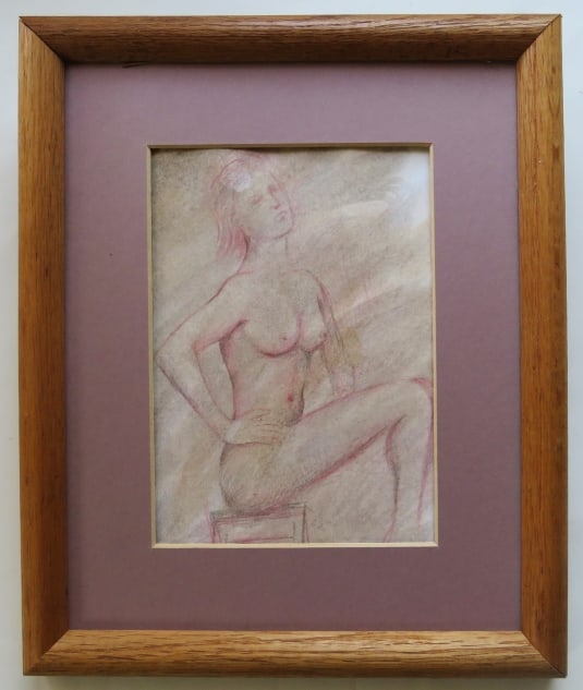Nude, Original Vintage Drawing, Sepia on Paper, 1970s, Framed: "Nude" vintage drawing, pencil and sepia on colored paper, 1970s, unsigned, matted, vintage wooden glass frame. The drawing is c.5" x 7.1/4" (12.7cm x 18.5cm), mat 8" x 10" [20cm x 25.5cm]; vintage wo