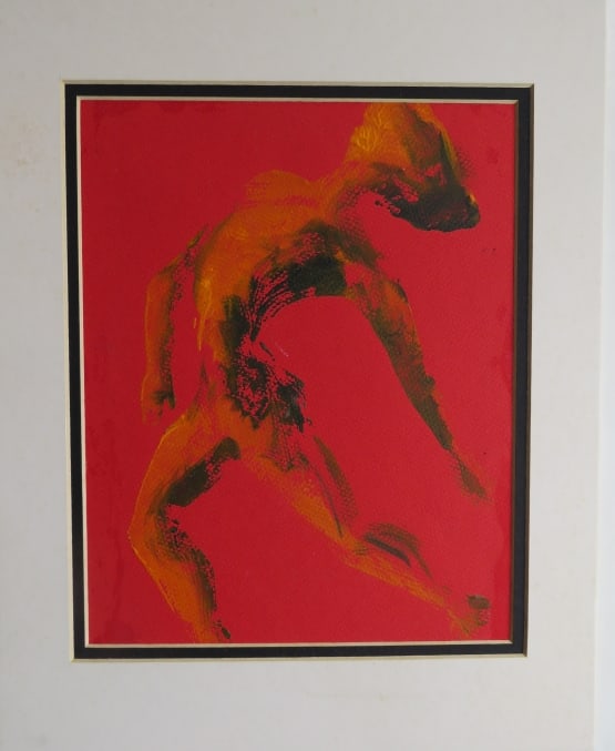 Dancing, Original Vintage Drawing, Acrylics on Red Structured Paper, 1980s (1 of 4)
