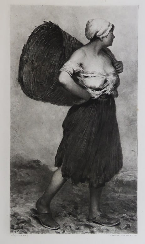 Antoine Vollon, The Chicken Woman, Antique Photogravure Goupil 1881: "The Chicken Woman" from the original painting by Antoine Vollon, genuine photogravure; engraved by Goupil, 1881; printed on heavy stock paper; signed in plate "A. Vollon Pinx." and "Gravure Goupil et