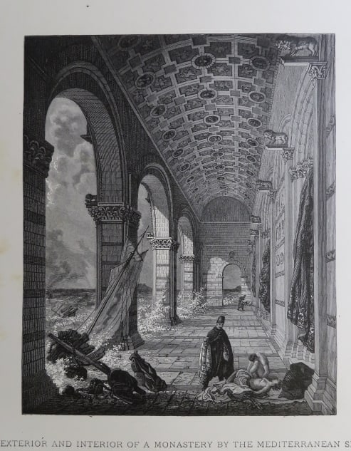 Auguste Forbin, Monastery by Mediterranean Sea, Wood Engraving, Goupil 1881: "Exterior and Interior of a Monastery by the Mediterranean Sea in the 13th Century" from the original painting by Auguste Forbin, genuine wood engraving, comes from the Goupil's portfolio The Masterpi