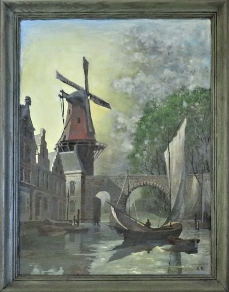 Dutch Landscape, Oil Painting on Canvas Board, signed, 1930s, Framed (1 of 5)