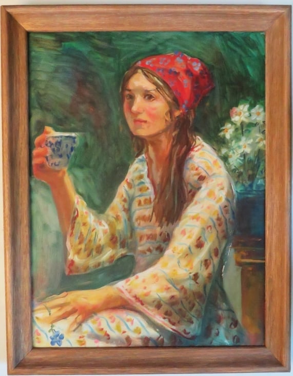 Girl with Tea Cup, Oil Painting on Canvas, Mid-Century Modern, 1950s, Framed (1 of 6)
