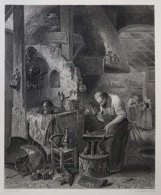 Henri Leys, The Armourer, Steel Engraving by John Godfrey, Hess 1880s: "The Armourer" after the painting by Henri Leys, original engraving by John Godfrey; the names of artists are imprinted closely below the image, "H. Leys Pinx." and "J. Godfrey Sculp." The plate was e