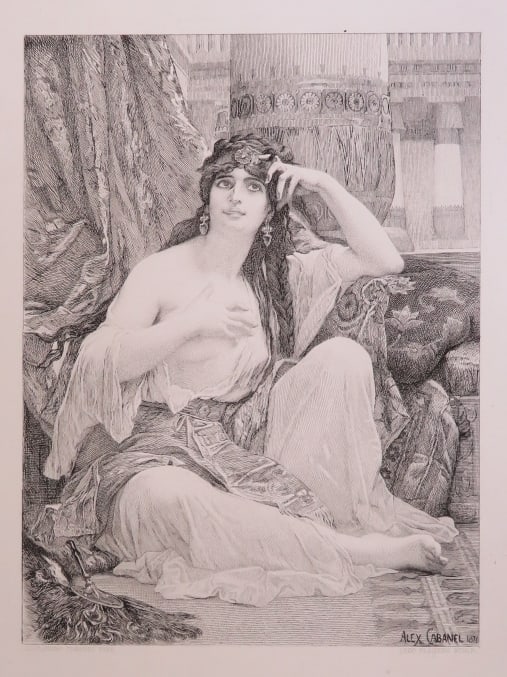 Alexandre Cabanel, The Sulamite, Steel Engraving Leopold Flameng, Hess 1880s: "The Sulamite" (Salon de 1876) after the painting by Alexandre Cabanel; steel engraving by Leopold Flameng, signed and dated in plate "Alex Cabanel 1876"; the names of artists closely below the image,