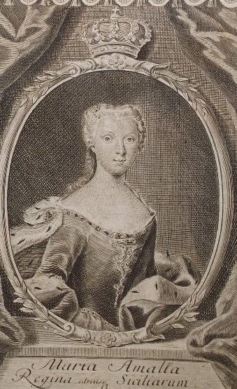 Maria Amalia, Saxony, Queen of Spain, Naples & Sicily, 1740s Engraved by Sysang: "Maria Amalia Queen of Sicily, Naples and Spain" [1724-1760], half-length, turned to the right, looking at the viewer, wearing dress with jewels and furred royal mantle, with no necklace or earrings; 