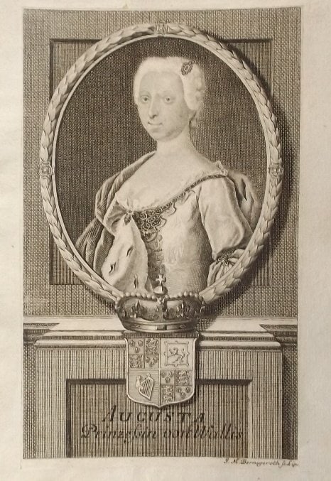 Augusta Princess of Wales 1750s Engraving by Johann Martin Bernigeroth: "Augusta Princess of Wales" [1719-1772], by Johann Martin Bernigeroth, copper engraving, the ermine attached to her dress indicates her as a governing regent [1751-1756]; coat of arms, German inscript