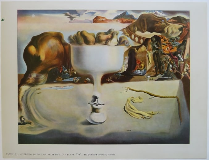 Salvador Dali, Apparition of Face & Fruit Dish on a Beach, Litho Art Print 1950s: "Apparition of Face and Fruit Dish on a Beach" by Salvador Dalí, 1938, vintage lithographic plate from the Metropolitan Museum Seminars on Art, published by the Metropolitan Museum of Art in 1950s. T