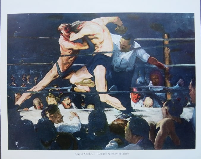 George Wesley Bellows, Stag at Sharkey's, Vintage Litho Print 1940: "Stag at Sharkey's" by George Wesley Bellows, vintage lithographic print from the "Series on Contemporary American Artists published in "Life" reproduced by Dodd & Mead, New York in 1940. The image is