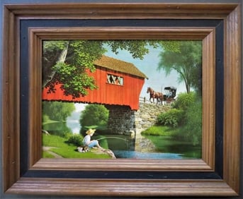 Paul Detlefsen, Red Covered Bridge, 1950s Textured Print, Wooden Frame