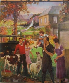 Happy Farmer Family, 1930s Color Litho Print