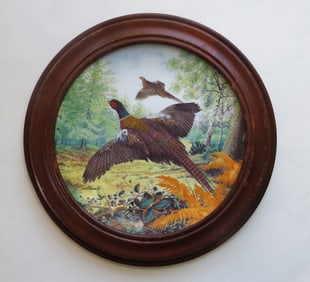 Pheasants in Flight, Royal Grafton Plate, Van Hygan & Smythe Wood Frame 1987