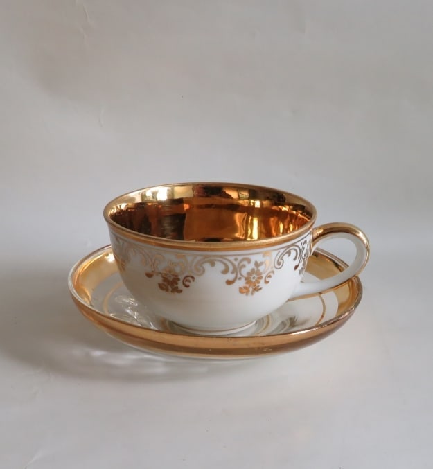 Krautheim & Adelberg Porcelain Demitasse Cup & Saucer, 1945, Germany: Porcelain demitasse cup with glass saucer, green mark of Krautheim & Adelberg, Germany with additional "U.S. Zone." The mark with "U.S. Zone" was used 1945-1948 during the military occupation of Germa