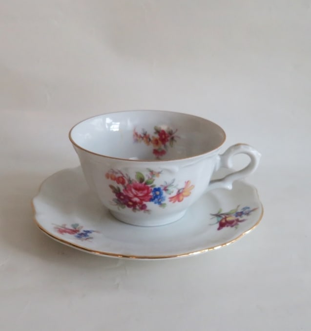 Bareuther Waldsassen Porcelain Demitasse Cup & Saucer, 1946, Germany: Porcelain demitasse cup with saucer, green mark of Bareuther, Bavaria with additional "Germany / U.S. Zone." The mark with "U.S. Zone" was used 1945-1948 during the military occupation of Germany afte