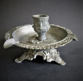 German Pewter Candle Holder with Ashtray Bowl, Wine Makers Scenery