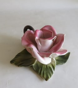 V. Bassano Capodimonte Style Porcelain Rose Flower Candle Holder, 1950s