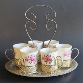 Set 6 Enoch Wedgwood Porcelain Tea Cups, Holders & Tray, 1960s England