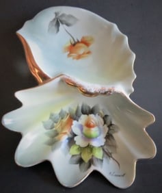 Vintage Arnart Art Nouveau Hand Painted Shell Shaped Porcelain Double Bowl