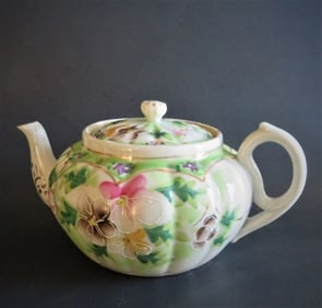 Vintage Hand-Painted Fluted Porcelain Tea Pot with Filter Insert
