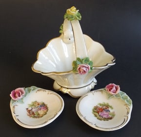 Set of 3, Saxon Dresden Porcelain, 2 Jewelry Trays, 1 Basket, 1950s