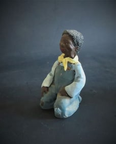 Kneeling Boy, Vintage African American Figurine 1980s Folk Art
