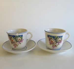 Antique Children’s Ceramic Tea Set, 2 Cups with 2 Saucers, 1910s
