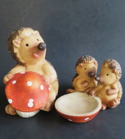 German Mid Century Set Ceramic Hedgehog Figurines with Fly Agaric, 1950s