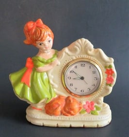 Mid Century Modern 1950s Ceramic Girl Figurine with Alarm Clock