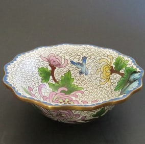 Chinese Enameled Cloisonne Bowl with Bird and Chrysanthemum 1950s