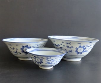 Set, 3 Vintage Chinese Ceramic Blueware Ceramic Bowls, Cobalt Blue